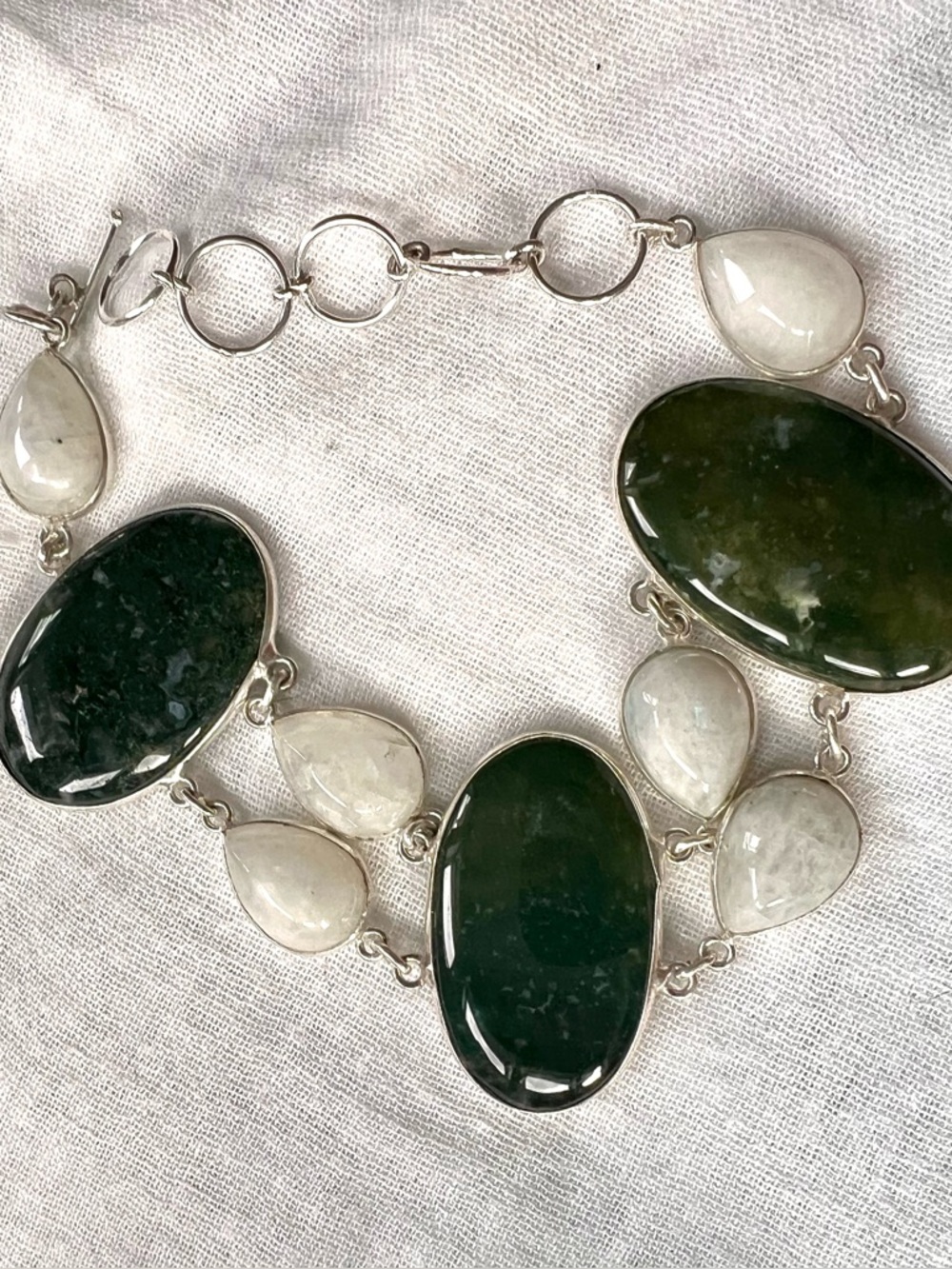 925 Earth Stone MOSS AGATE + Rainbow Moonstone Bracelet 7”-8.5” - Picture 12 of 12
